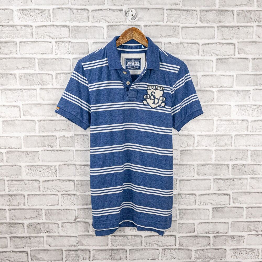 SUPERDRY Men's Short Sleeve Rugby Polo Shirt in Blue Cotton size Large